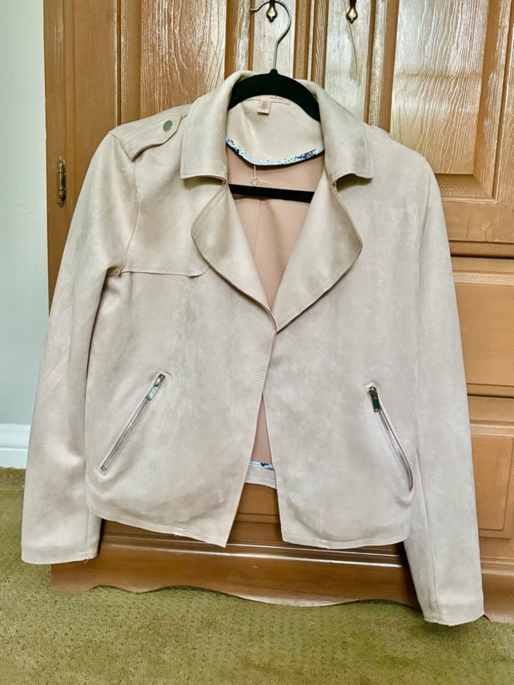 Philosophy Faux Leather Open Front Moto Jacket Blush Light Pink Small Zip Pocket